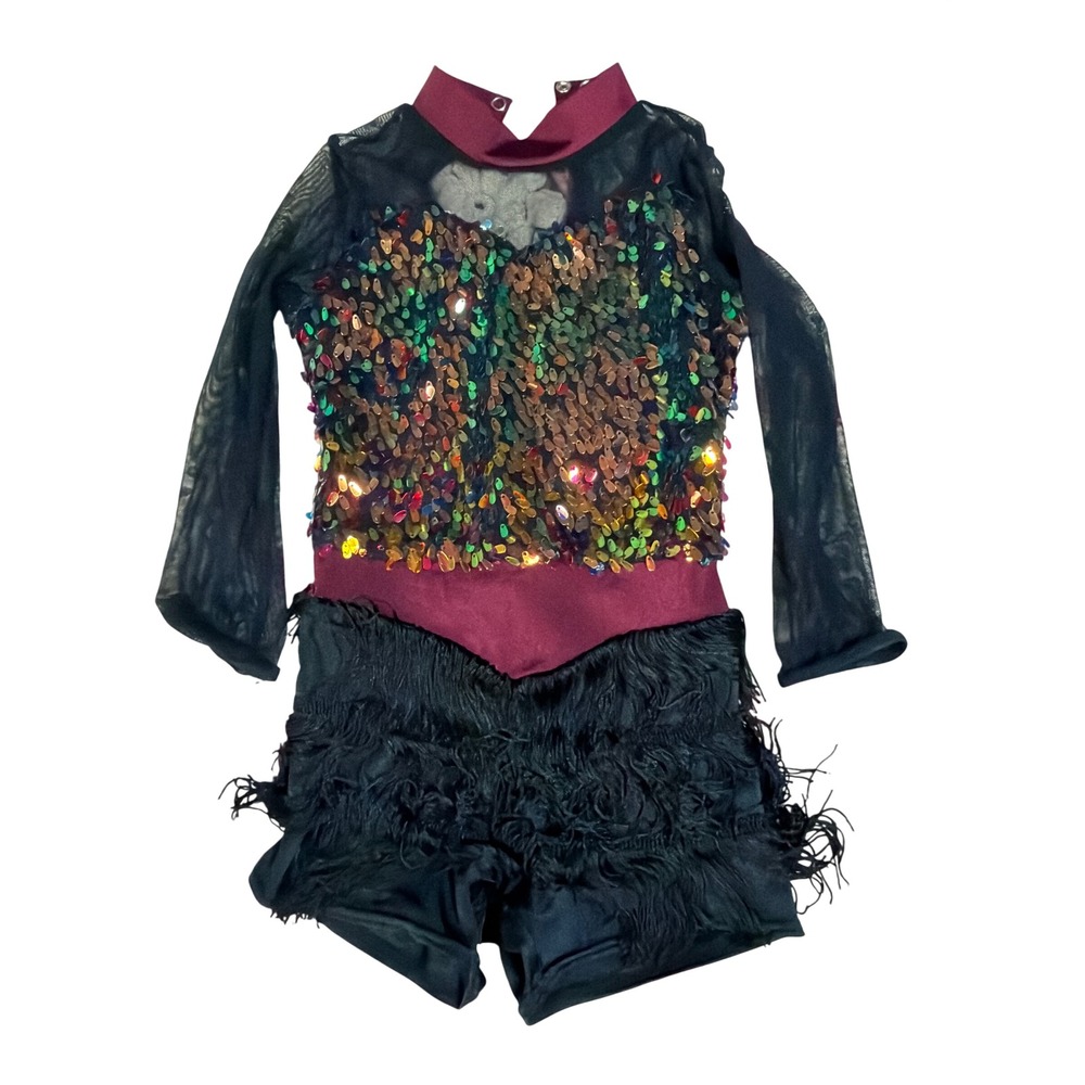 Weissman Kids Sequin Fringe Dance Costume Leotard | Black Burgundy | Jazz Tap IC